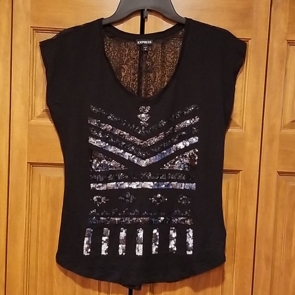 Express Sequin and Lace Black T-Shirt
